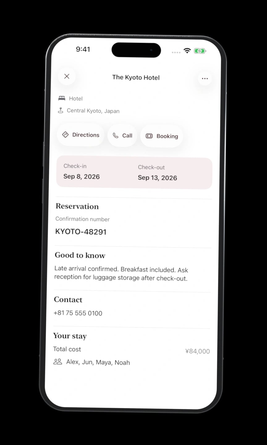 The current hotel sheet with check-in dates, reservation details and travelers.