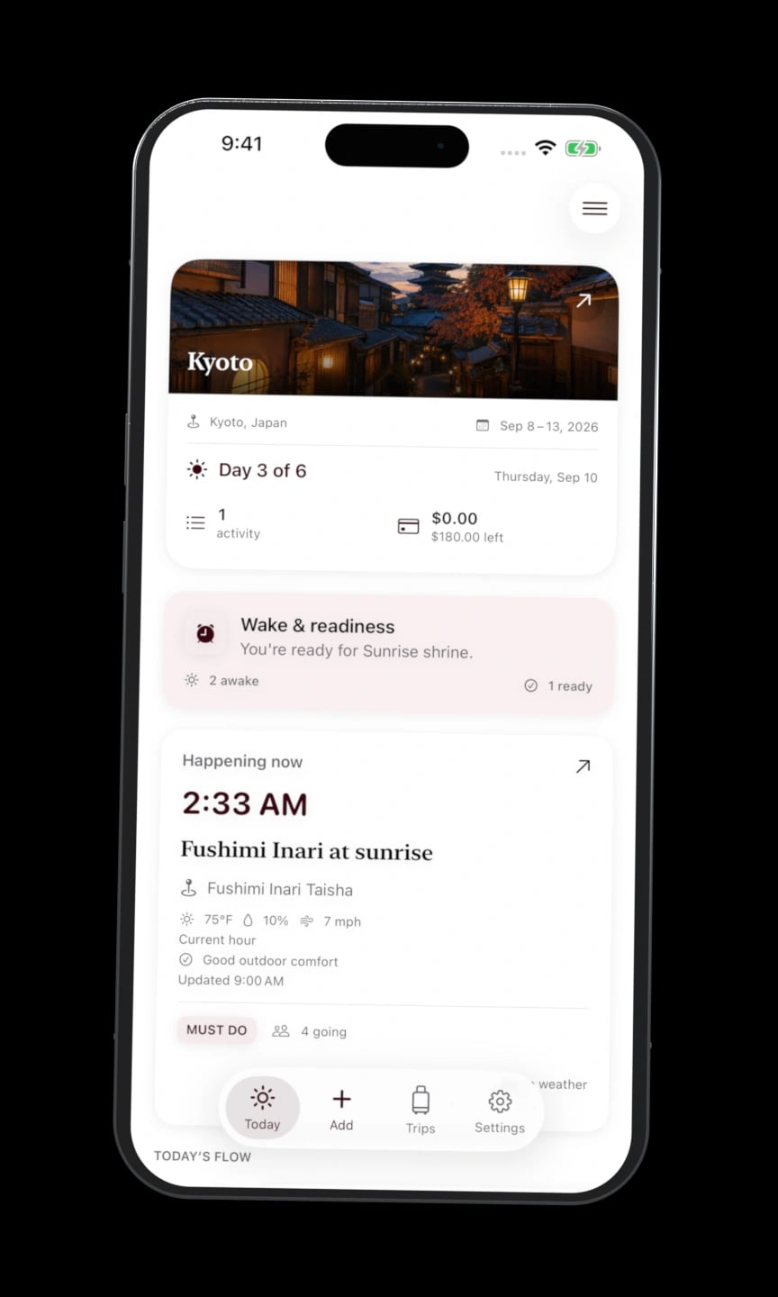 The current Today screen with the trip, group readiness and upcoming activity.